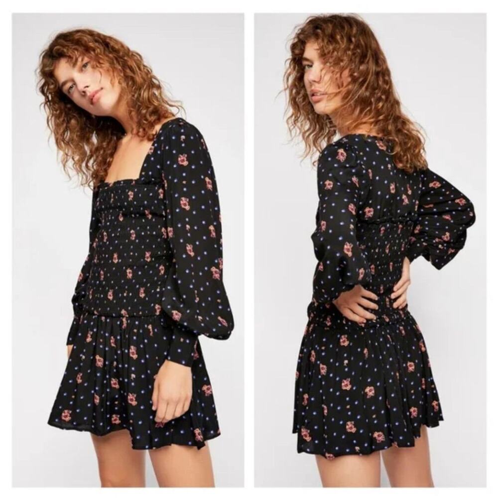 FREE PEOPLE Two Faces Mini Dress Ruched With Floral Print Black Sz Small
